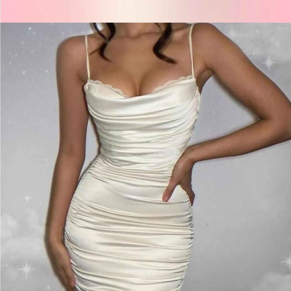 Oh Polly All For You lace trim satin mini cowl neck dress in oyster white - Picture 2 of 7